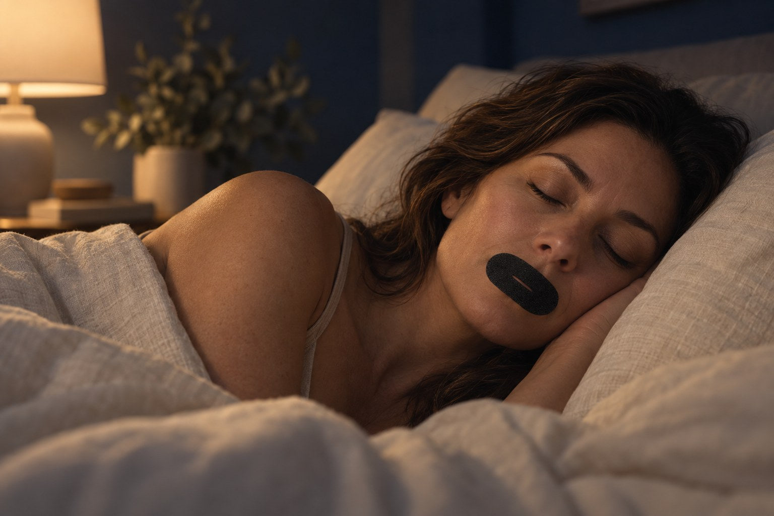 A woman asleep with a Stillseal strip over her lips