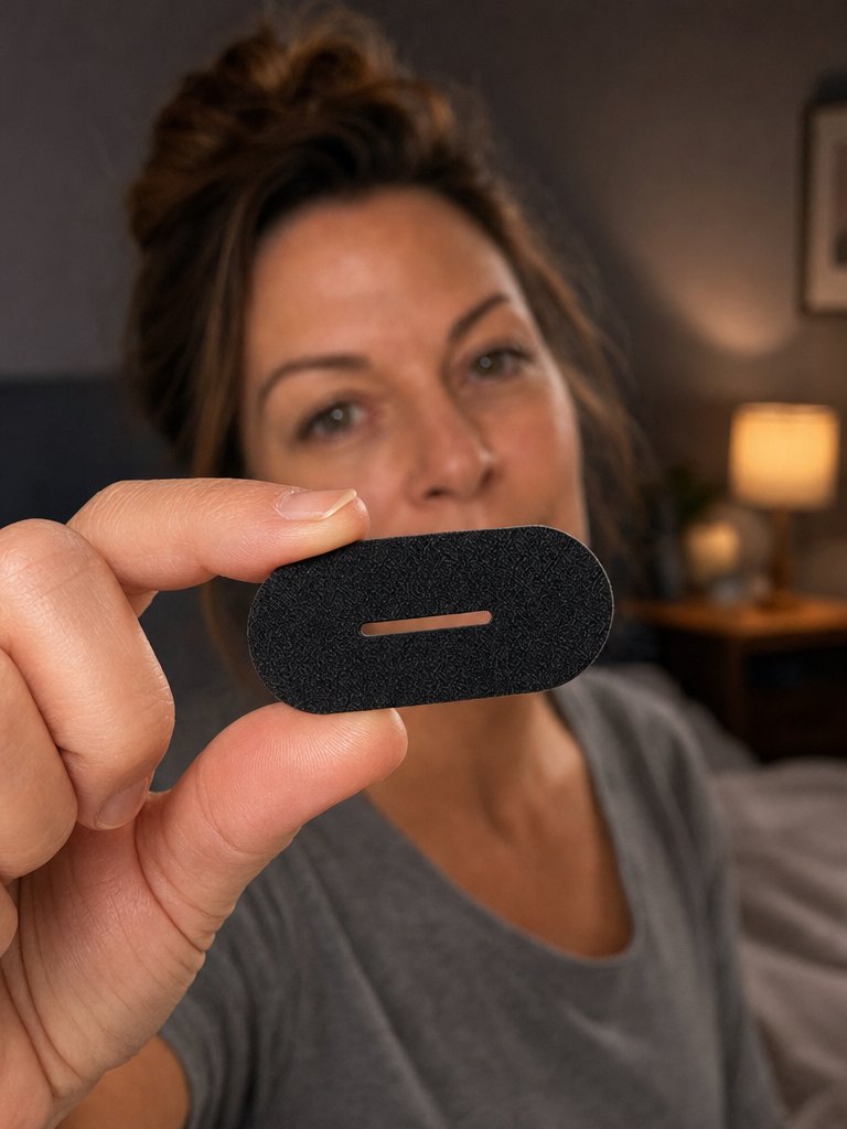 A hand holding up a single Stillseal strip, the slit clearly visible