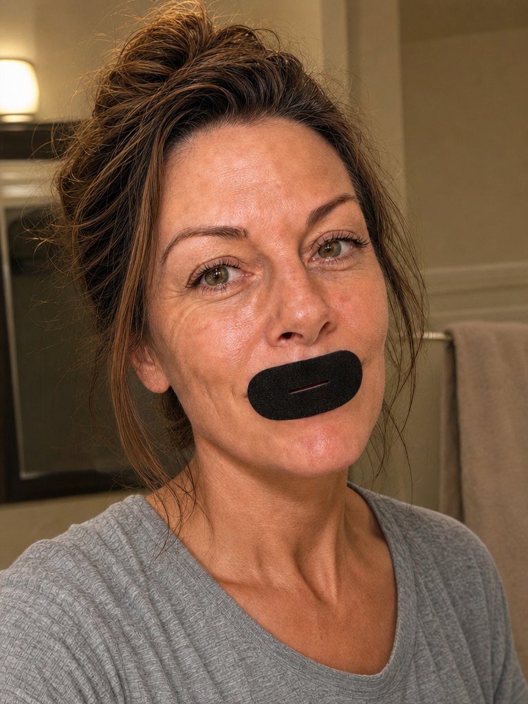 A woman in a bathroom at night wearing a Stillseal strip with a slit down the middle