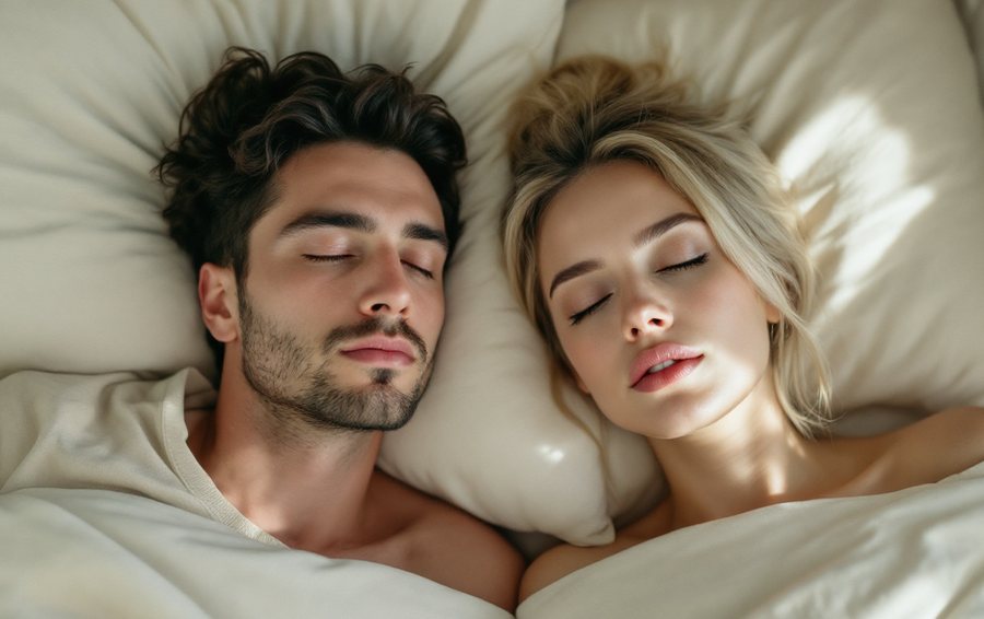 Two people asleep side by side in a bed with cream linen