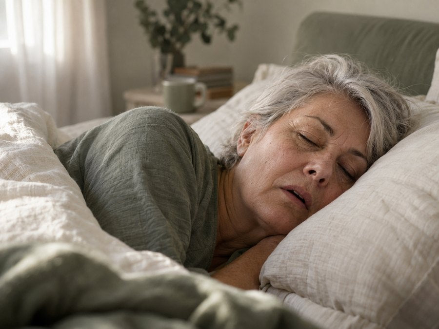 A woman in her sixties asleep on a cream pillow with her mouth open